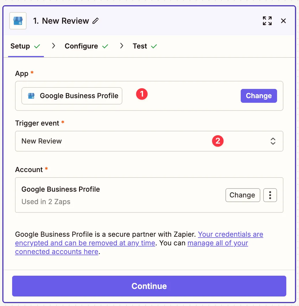 Google Business Profile trigger setup with New Review event selected