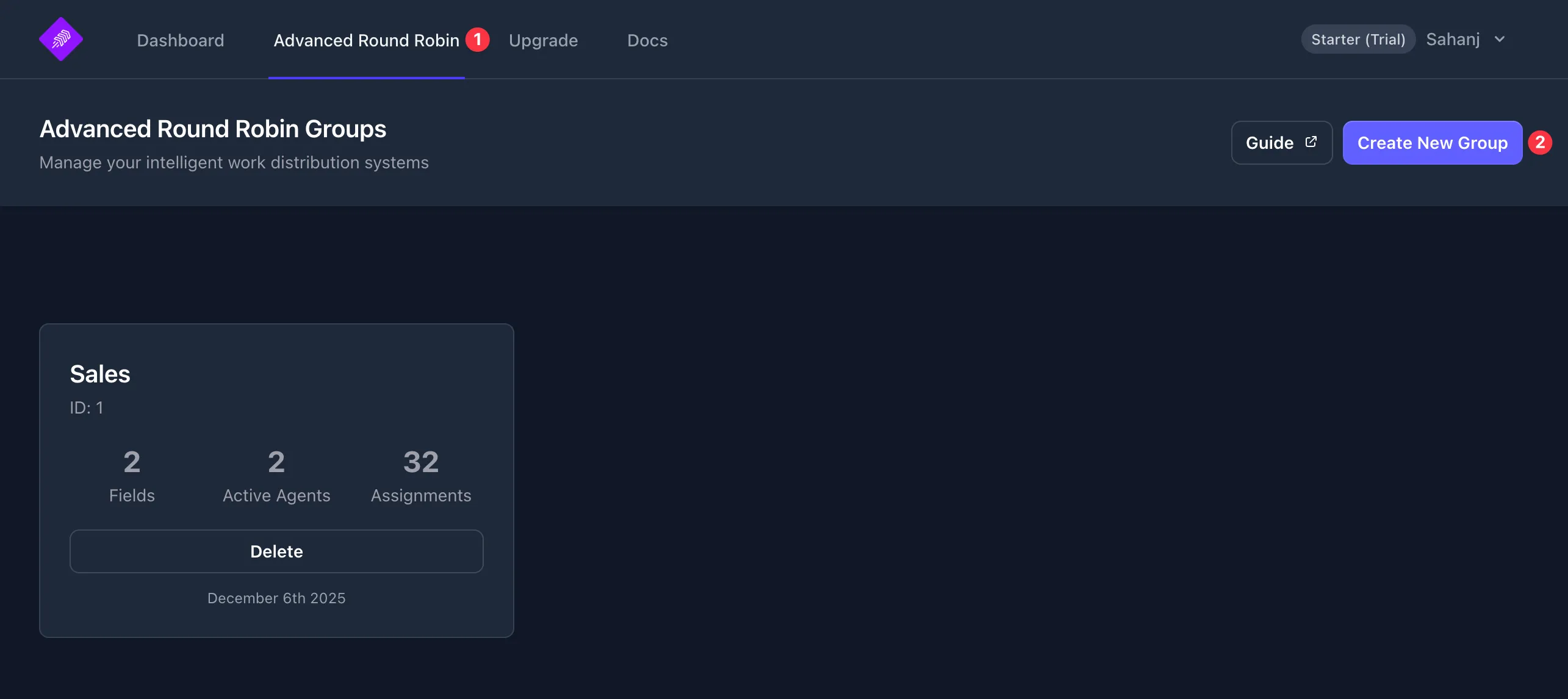 Advanced Round Robin Groups dashboard with Create New Group button