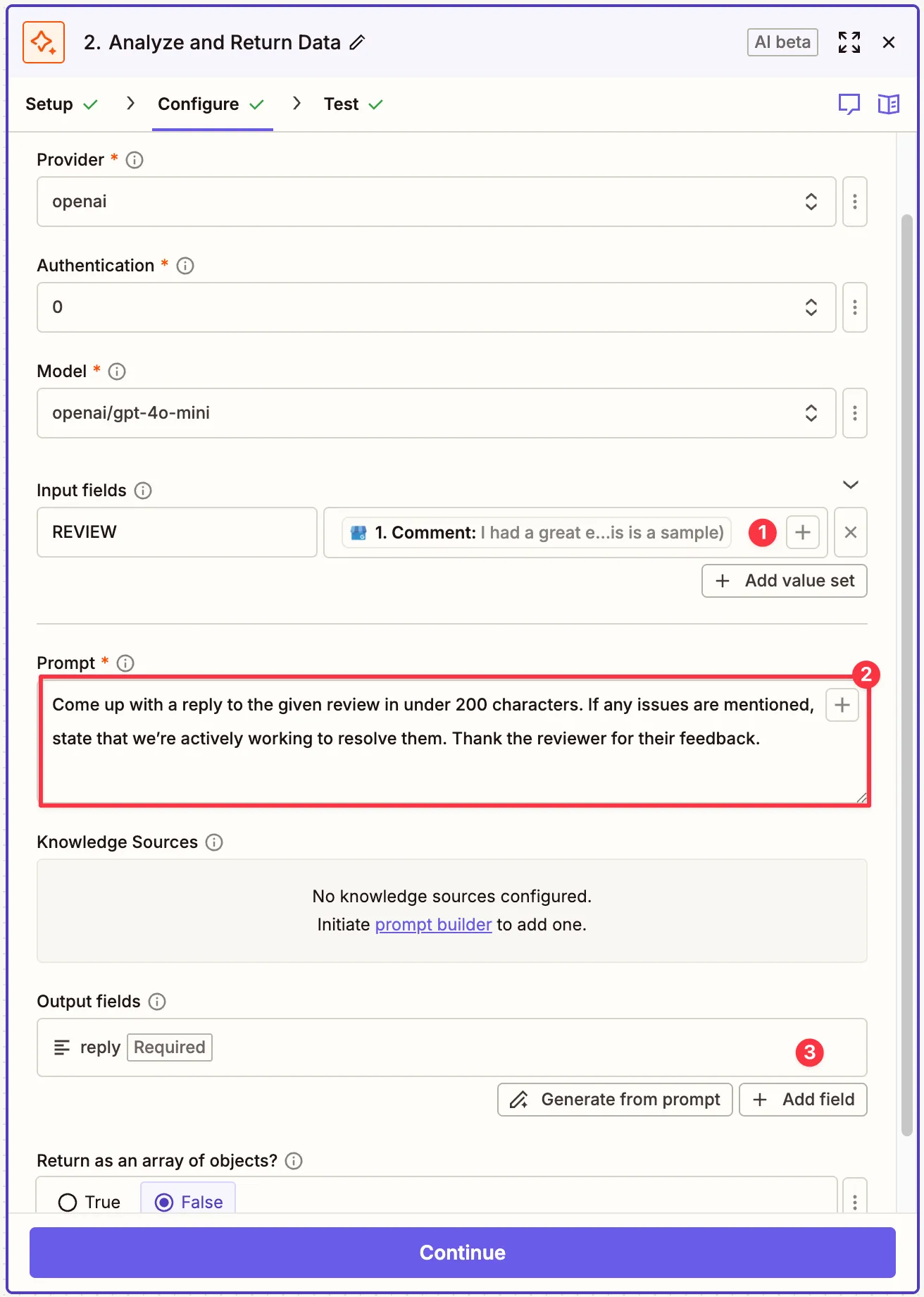 AI step configuration showing OpenAI settings and prompt