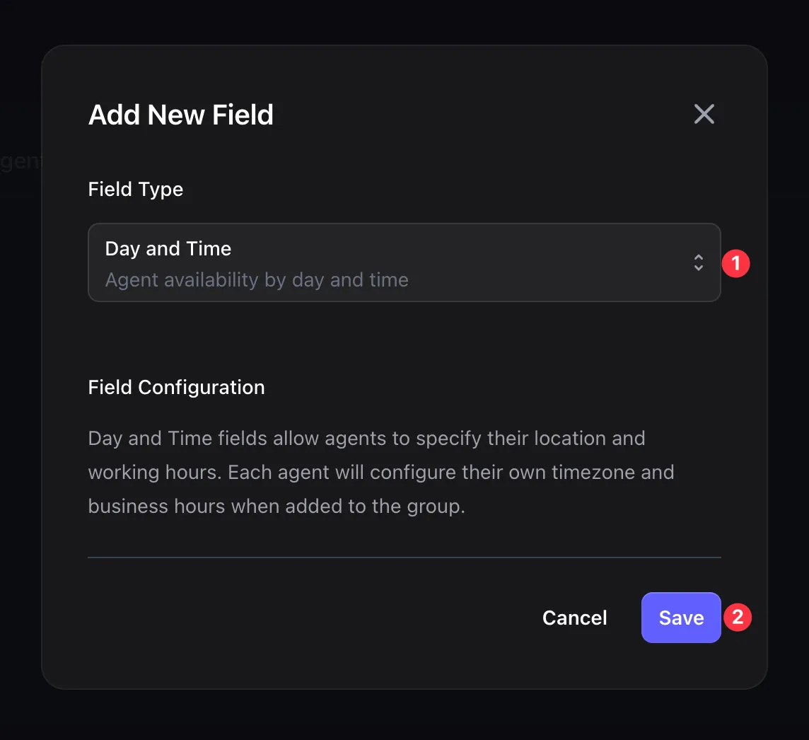 Add New Field modal with Day and Time selected