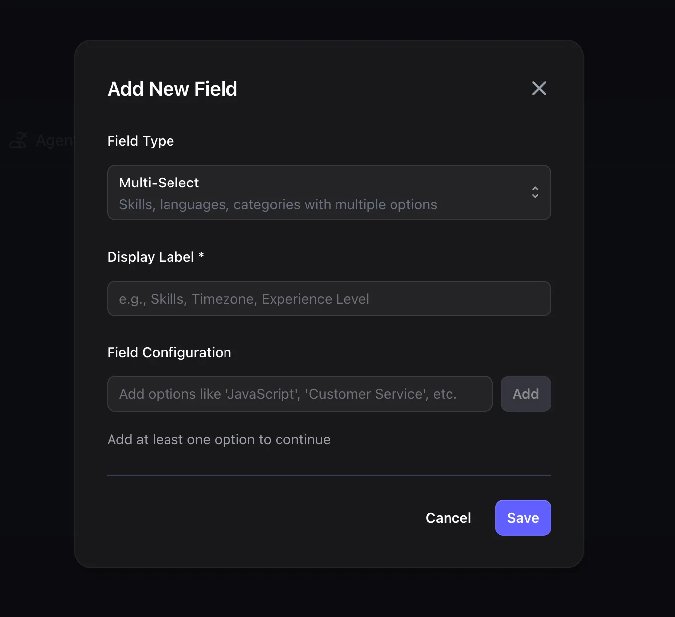 Add New Field modal with Multi-Select selected