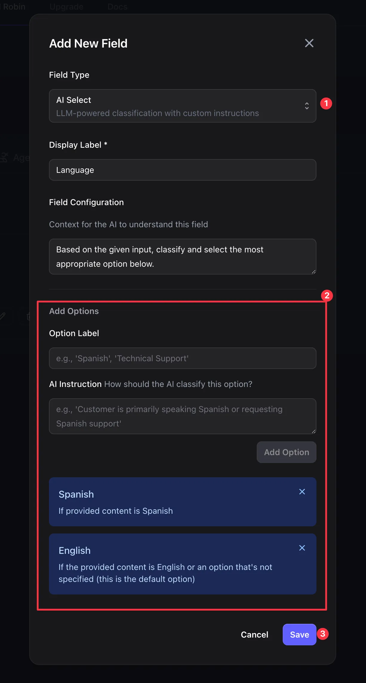 Add New Field modal with AI Select configured