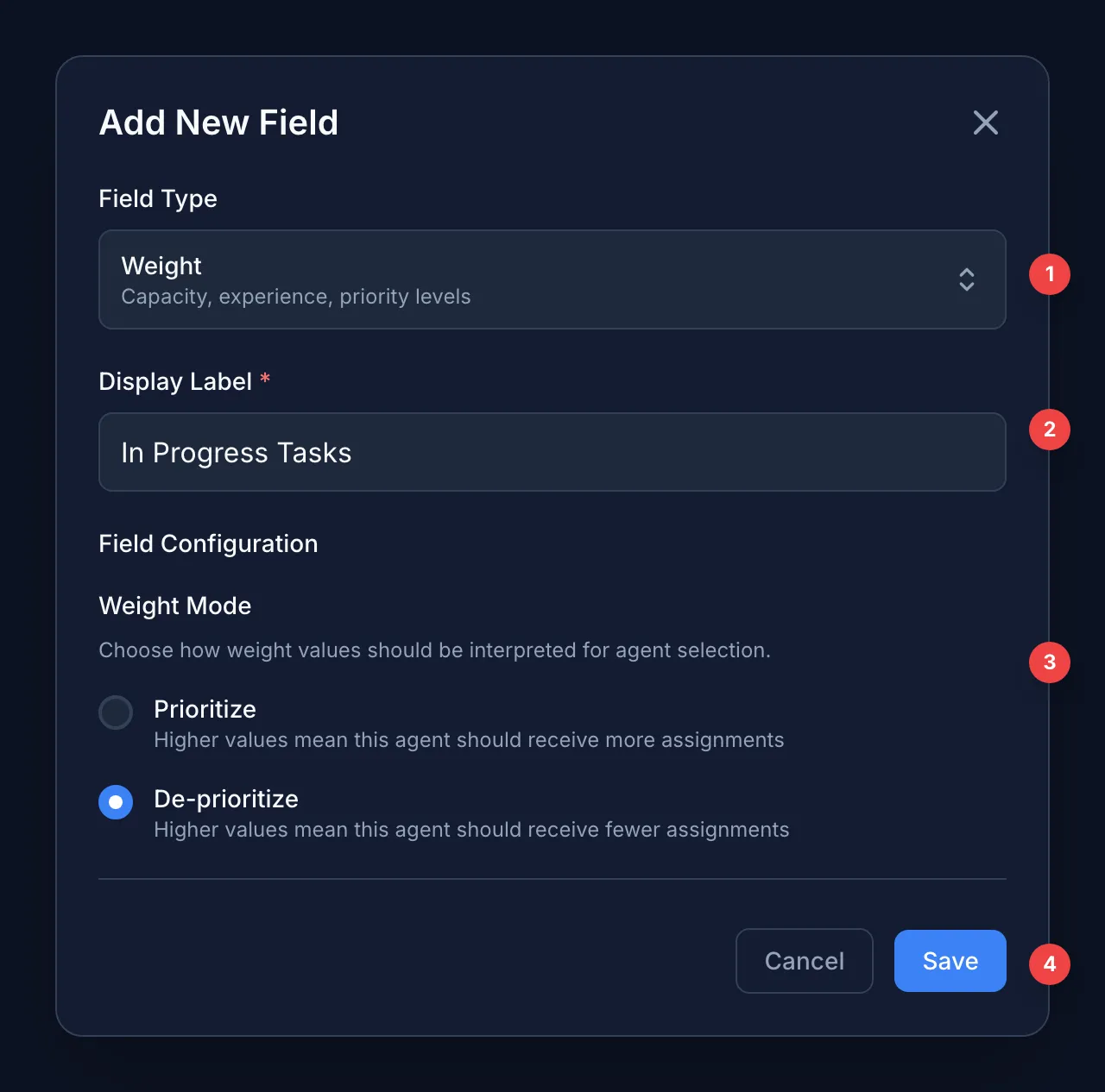 Weight field modal with De-prioritize mode selected