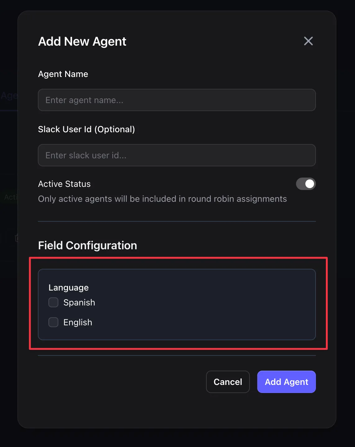 Add Agent modal showing Language field as checkboxes