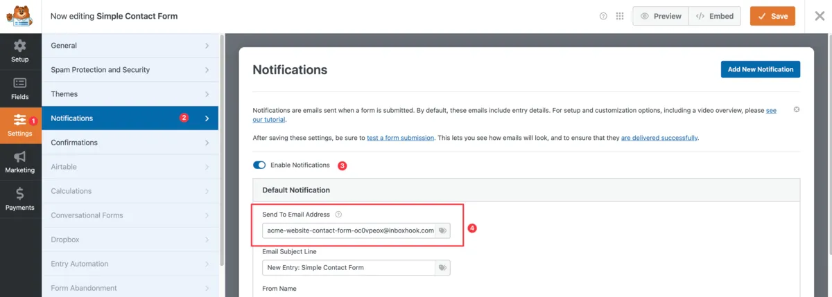 WPForms notification settings with EnforcedFlow email address