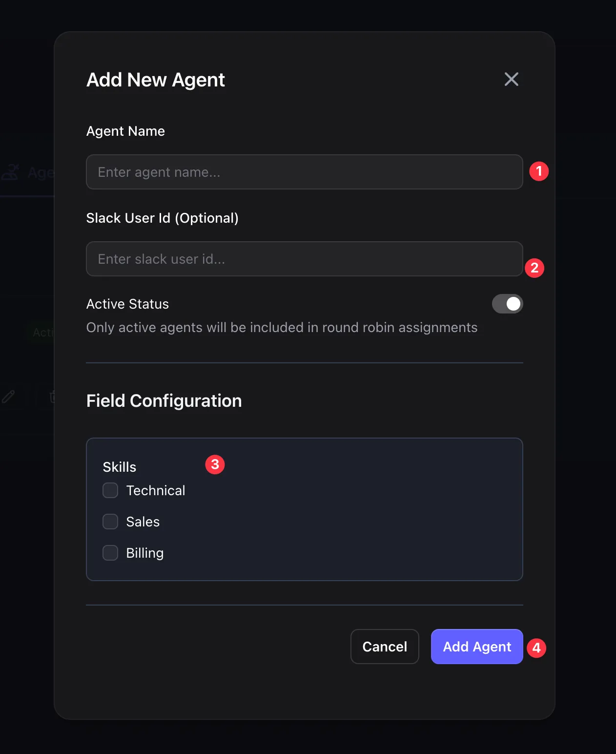 Add Agent modal showing Skills field as checkboxes