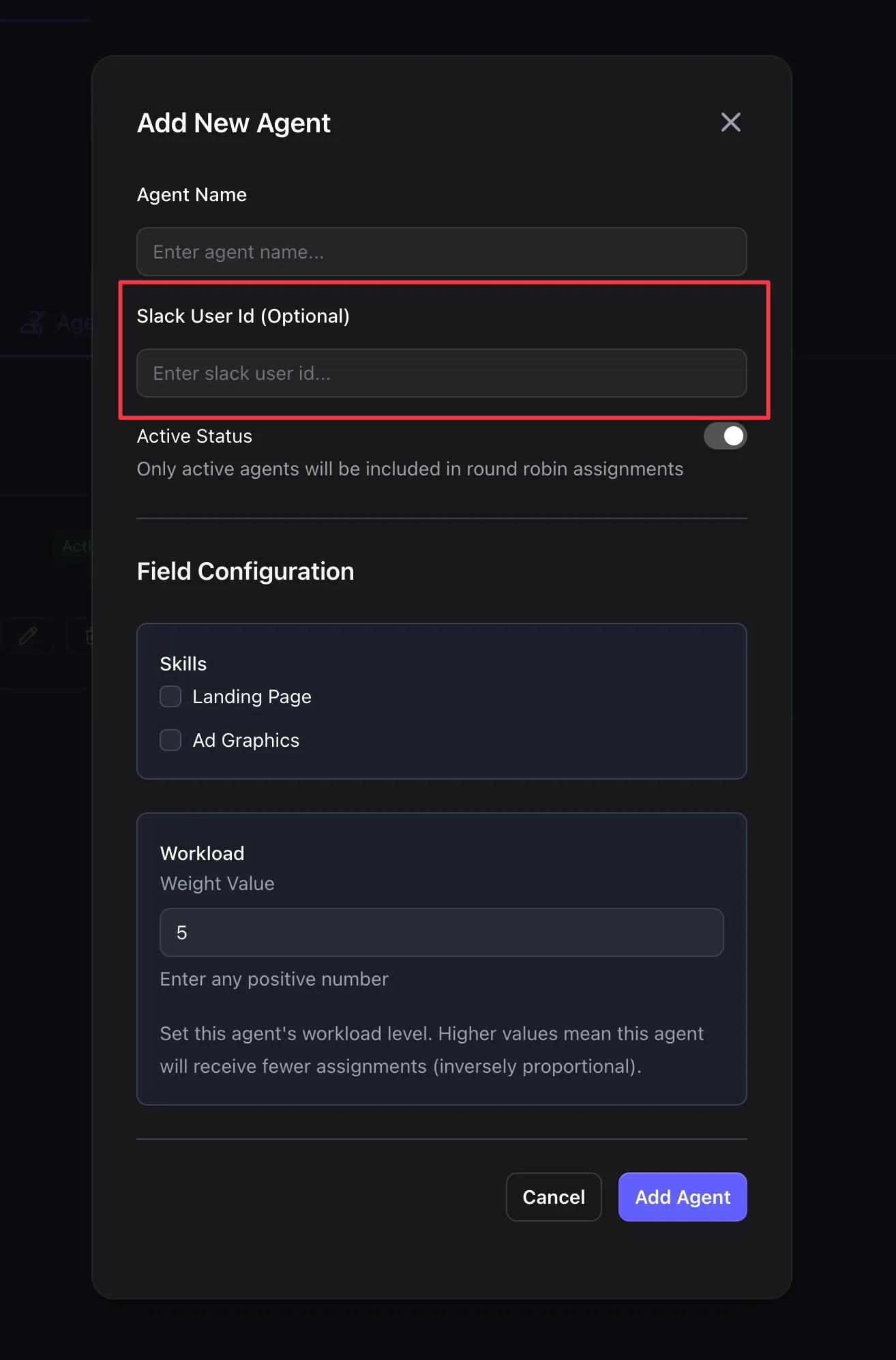 Add New Agent modal showing information fields