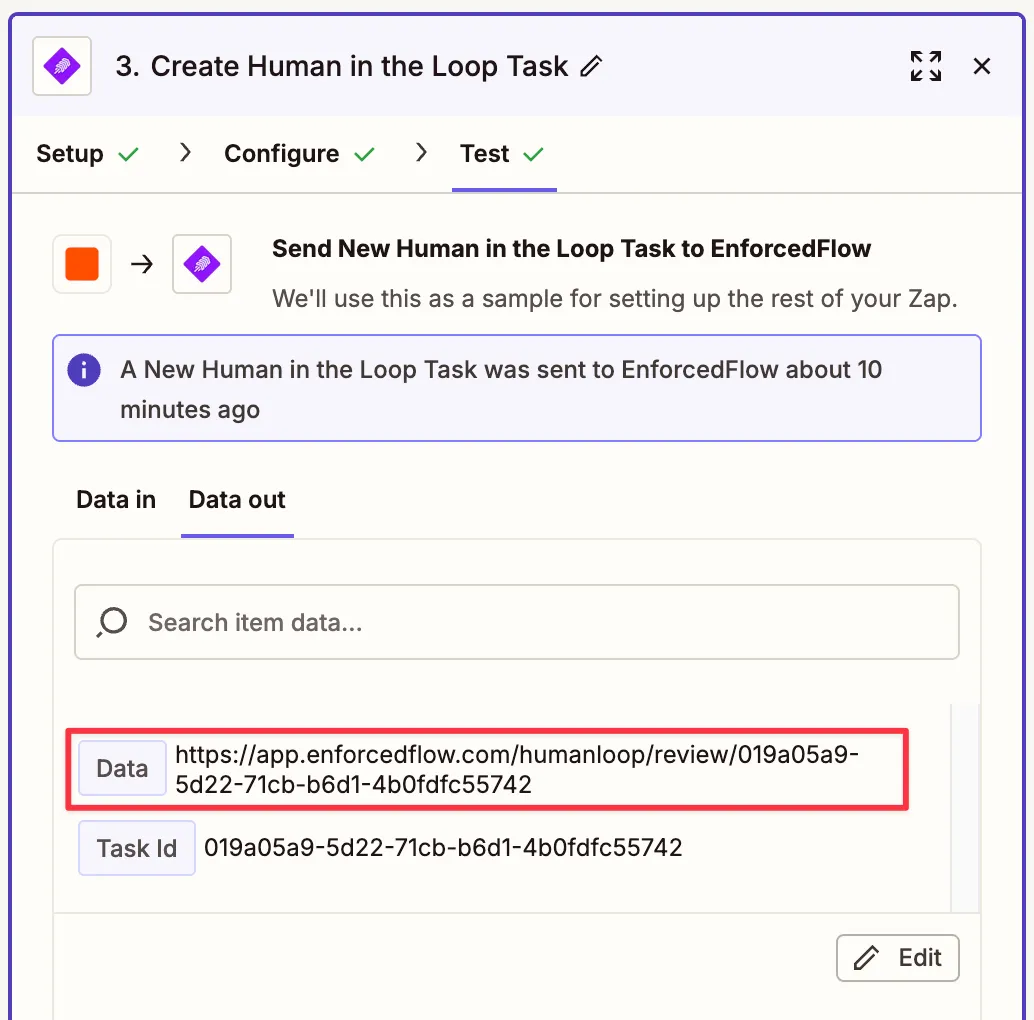 Test output showing the review URL and task ID