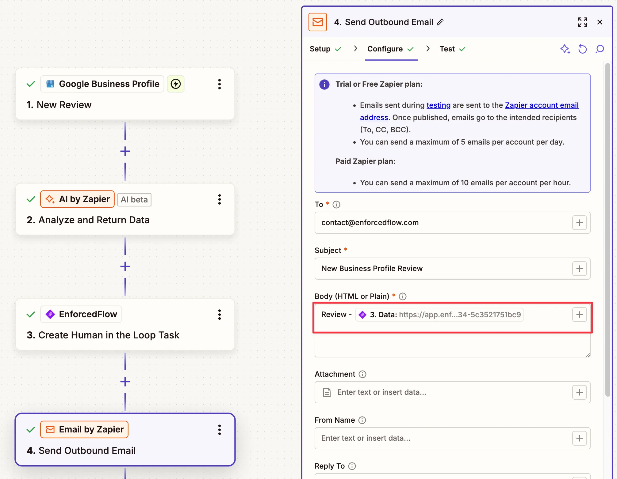Email configuration with review link in body