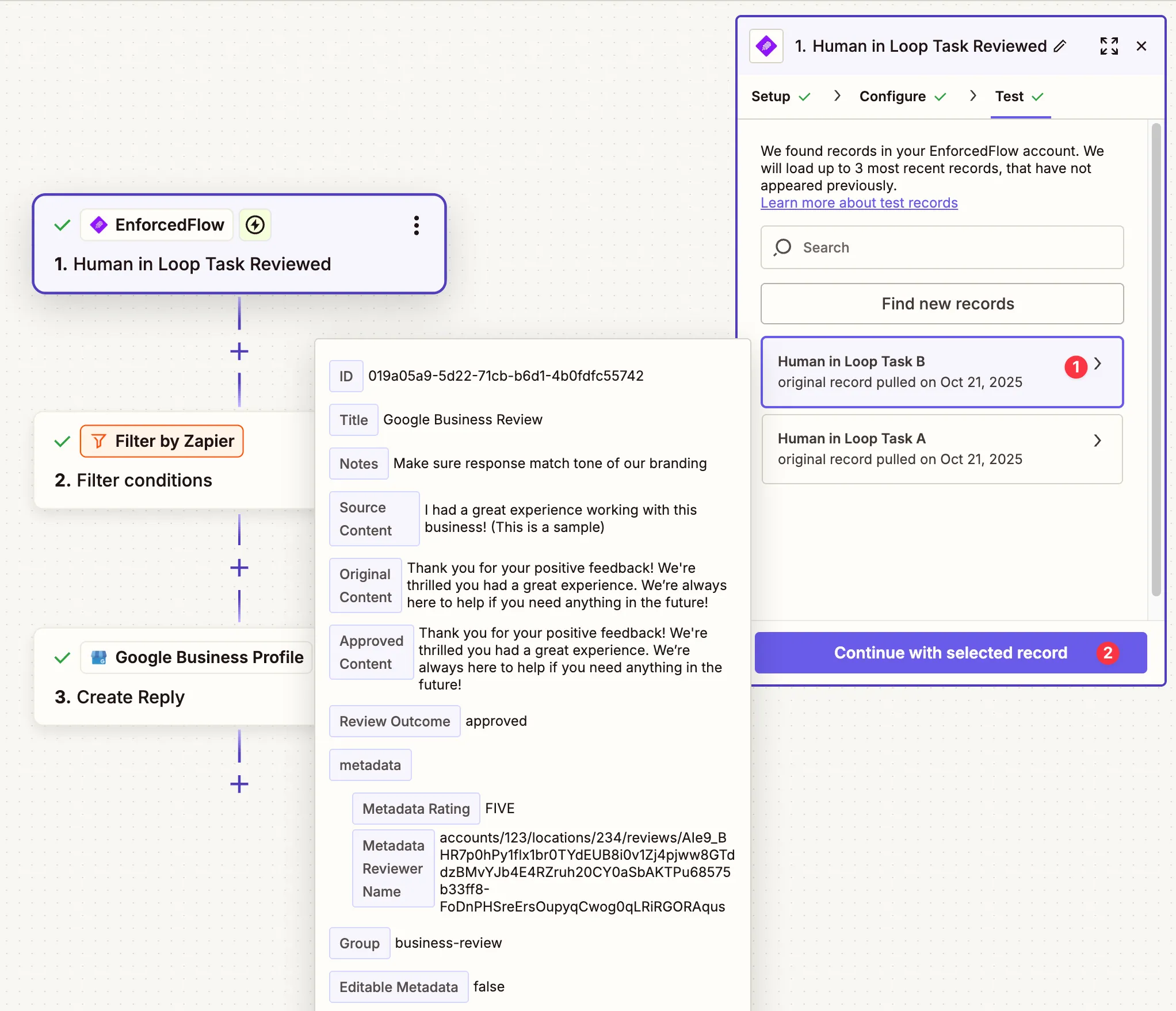 Test data showing all the information returned by the trigger